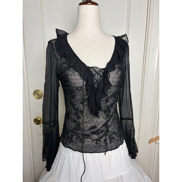 Ice Tops - ICE Silk Beaded Blouse Black Sheer Ruffle Lace Up Bell Sleeve Vintage Style PS